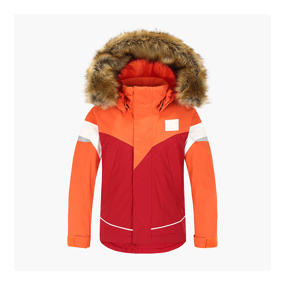 Skogstad kids winter jacket in orange with faux fur hood trim