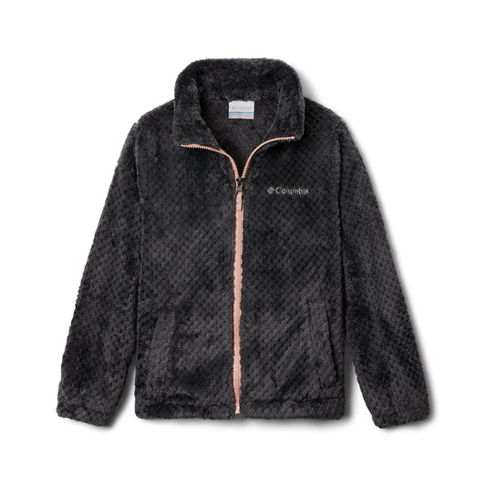 Columbia girls sherpa fleece in dark grey with a pink zip