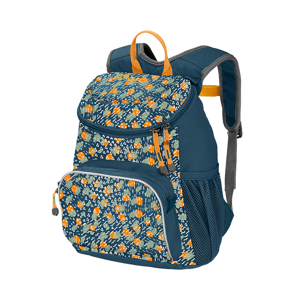 Jack Wolfskin Little Joe Rucksack with a blue and yellow patterned fabric