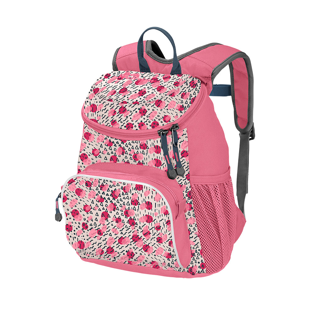 Jack Wolfskin Little Joe Rucksack with an all over pink pattern