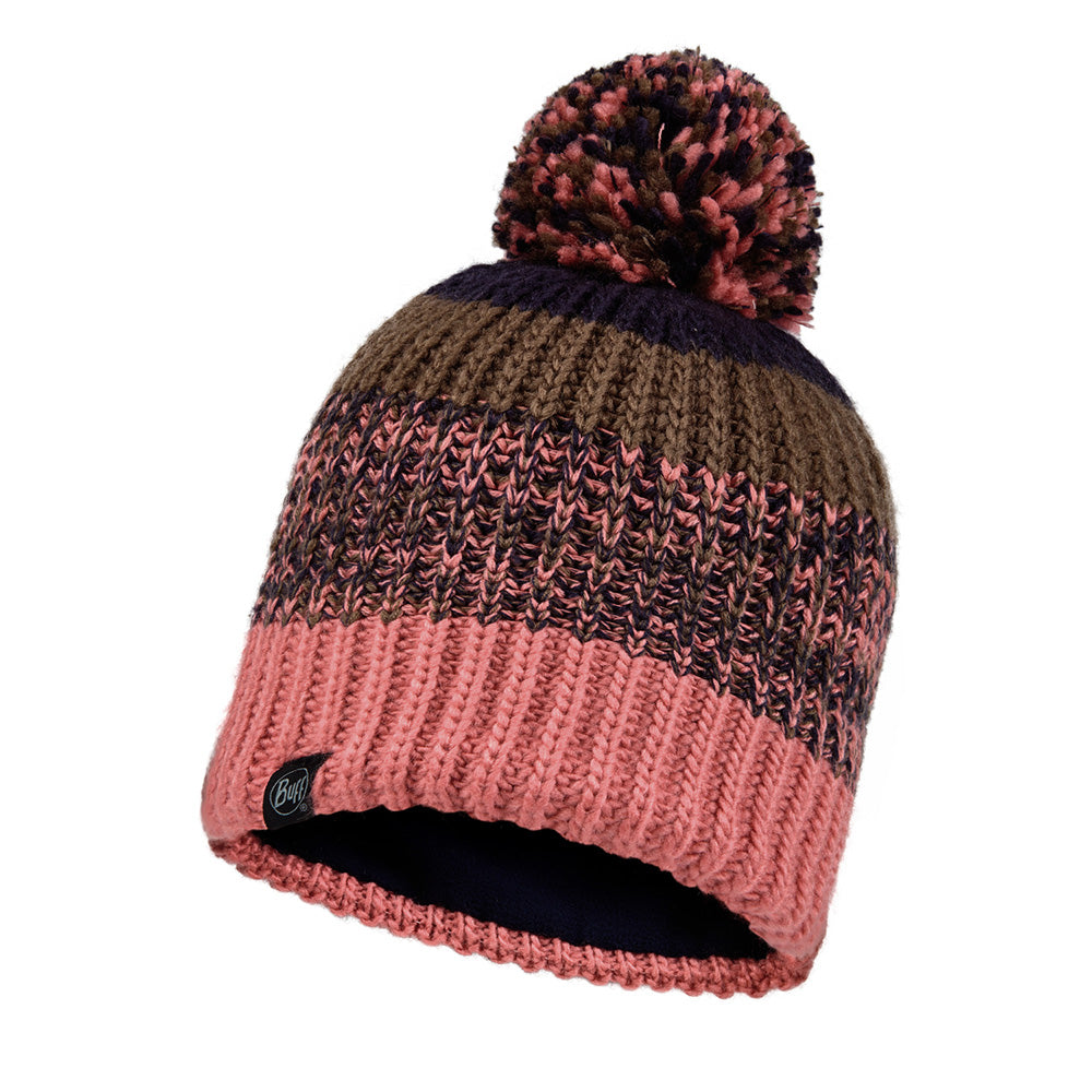 Girls chunky knit bobble hat with soft pink pattern