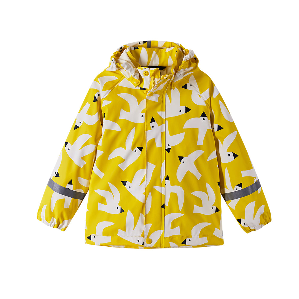Reima Vesi kids waterproof jacket in yellow with white bird pattern