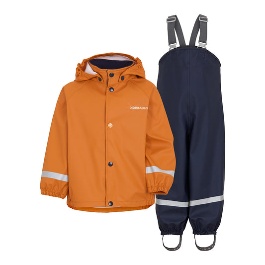 Didriksons kids waterproof set with orange jacket and navy blue dungarees