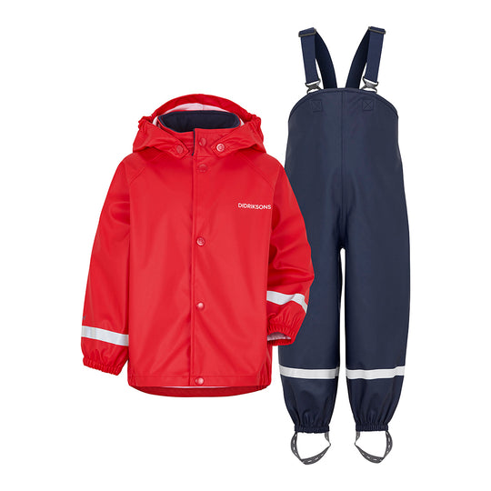 Didriksons children's Slaskeman waterproof set, red jacket with poppers and navy dungarees
