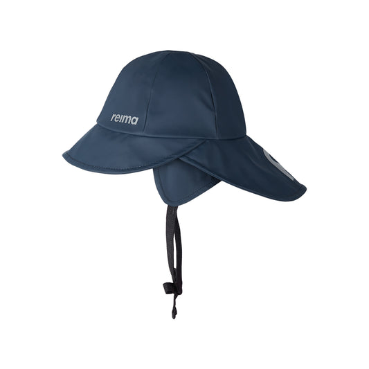 A rain hat for children in navy with ear flaps and  from Reima logo. 