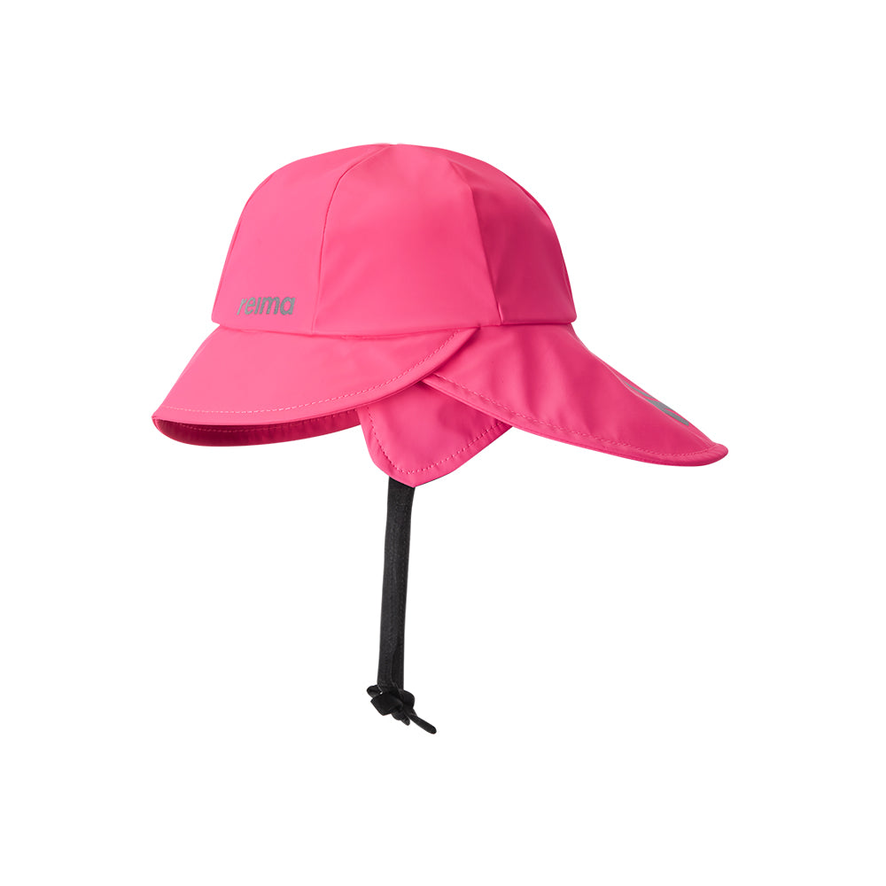 A rain hat for children in vibrant pink with ear flaps and  from Reima logo. 