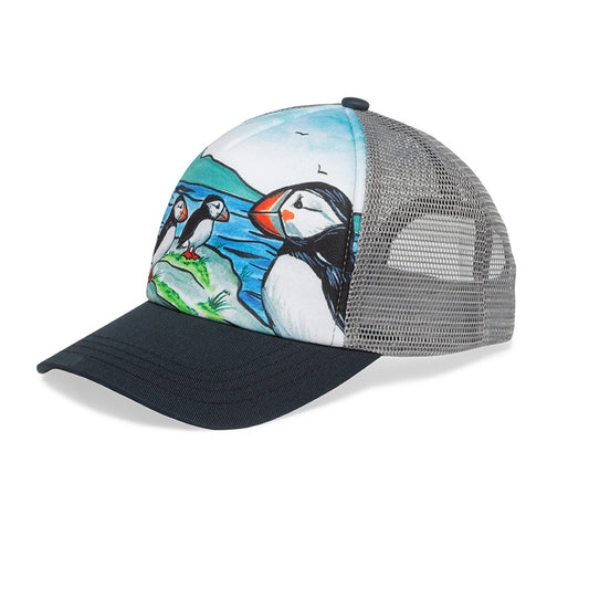 Kids Trucker style cap with puffin picture on the front