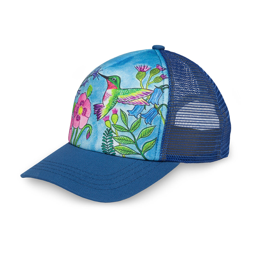 Kids trucker style hat with hummingbird image